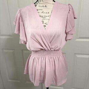 Brand New Women's Sheer Pink Blouse with Ruffled Sleeves Size M